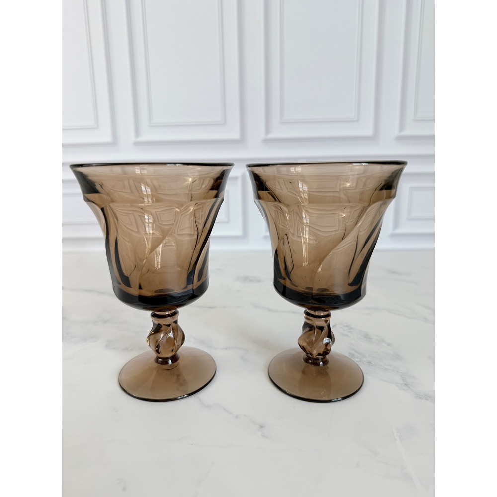 VTG Pair (2) Fostoria Jamestown Brown Swirl Water Goblets 5 7/8" Tall